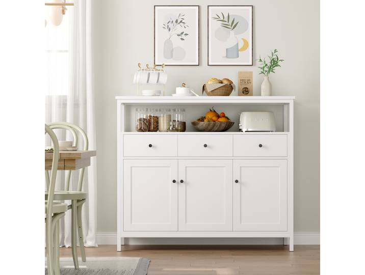 Getone Buffet Cuisine Buffet Salon 108 cm Meuble Cuisine Rangement avec 3 Portes 3 Tiroirs Buffet Blanc pour Salle à Manger Étagère Réglable 108x38x98,5cm