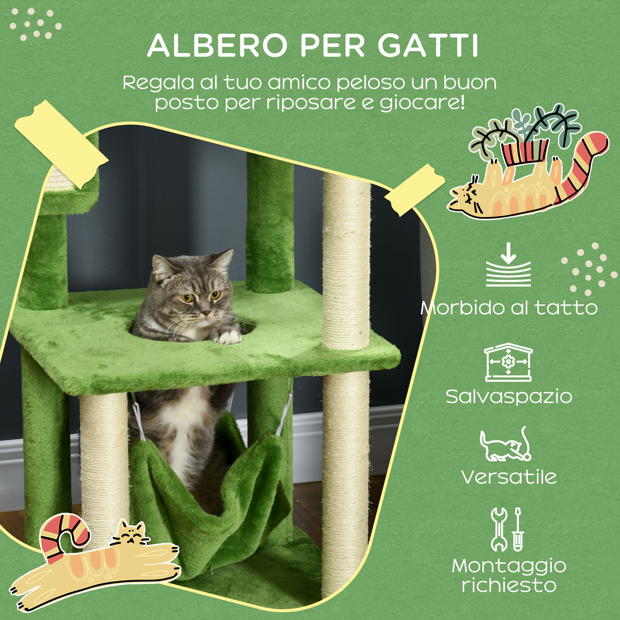 Altro Albero Tiragraffi Per Gatti Con Amaca, Pallina E Tiragraffi In Sisal, 49x49x142cm, Verde