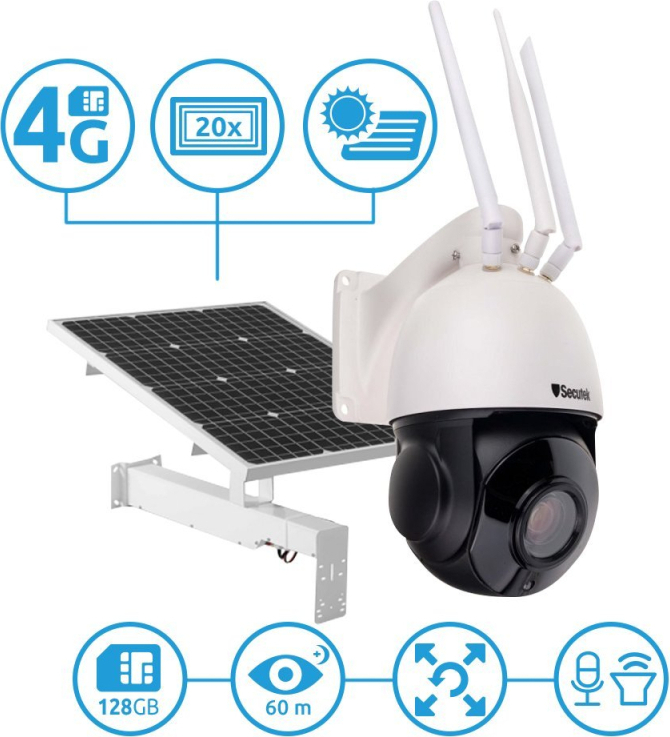 LTE PTZ IP-Kamera Secutek SBS-NC67G-20X mit Solarladung - 1080p, 60m IR, 20x Zoom