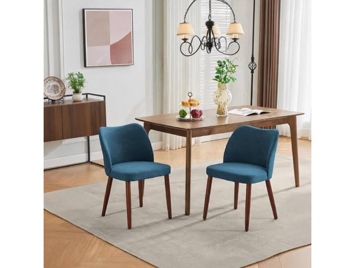 JoyGarden Chaises de salle à manger modernes confort - Lot de 2 dossier aile assise rembourrée lin pieds bois massif Bleu