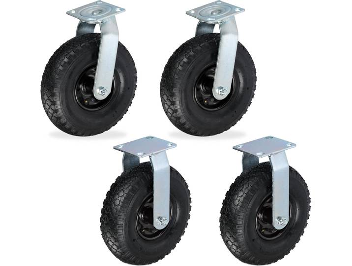 Relaxdays 2x Bockrolle + 2x Lenkrolle Set, luftbereiftes Schwerlastrad 3.00-4, Transportrollen Platte 120 kg, schwarz