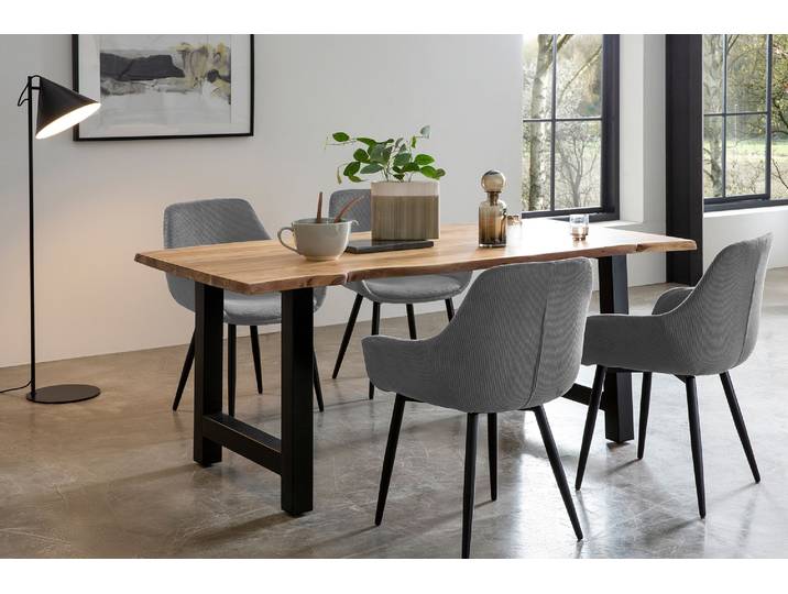 Essgruppe SALESFEVER Elegante Essgruppe für stilvolles Speisen , grau (natur, grau, schwarz, grau, schwarz), Cord, 160,85, Massivholz, Metall, Polyester, Sitzmöbel-Sets, Essgruppe, Massivholz geölt und zweifach gewachst