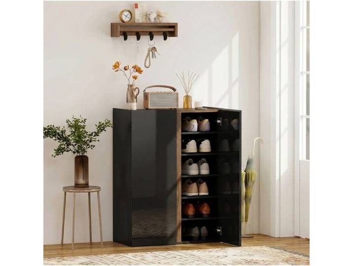 Meuble A Chaussures Noir Brillant Rangement D Entree FloraGrace Pour Entree Et Couloir Fermeture Douce 70x33 5x95cm