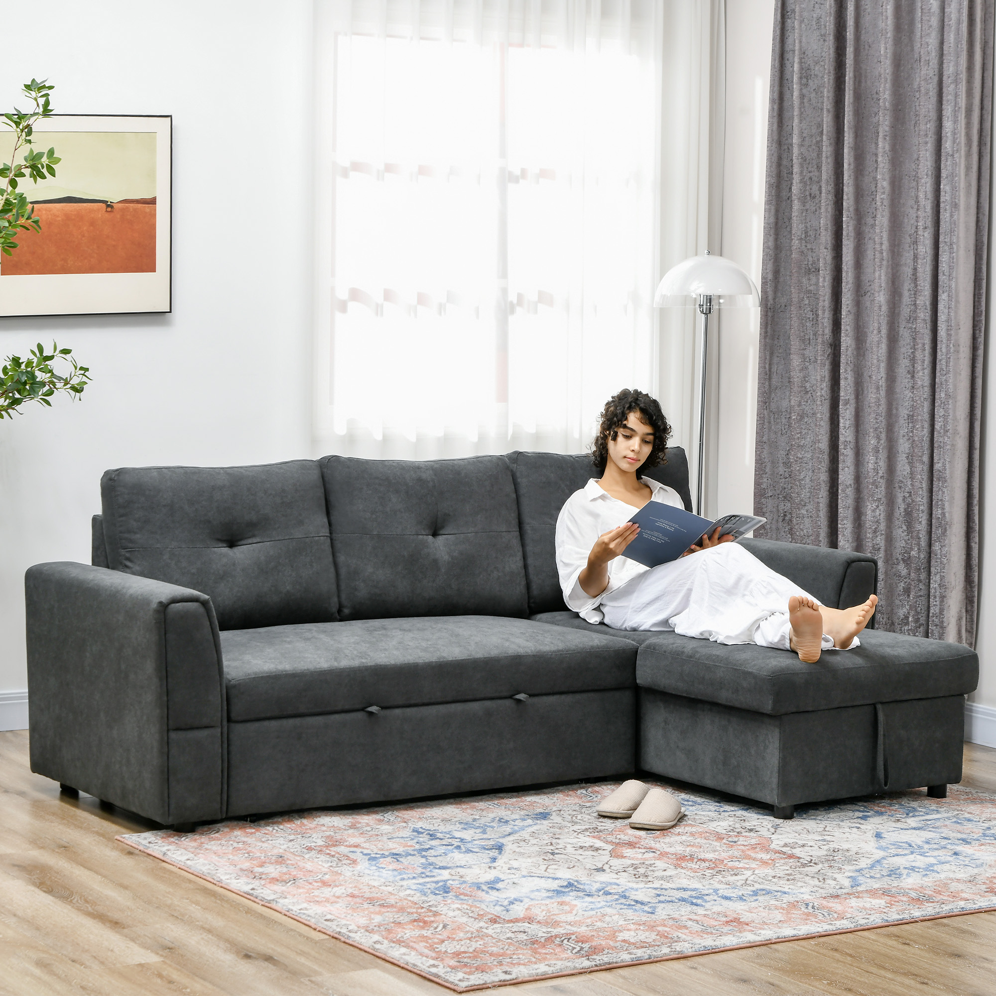 Homcom Divano Letto 3 Posti con Funzione Letto e Chaise Longue, Grigio Scuro   Aosom Italy