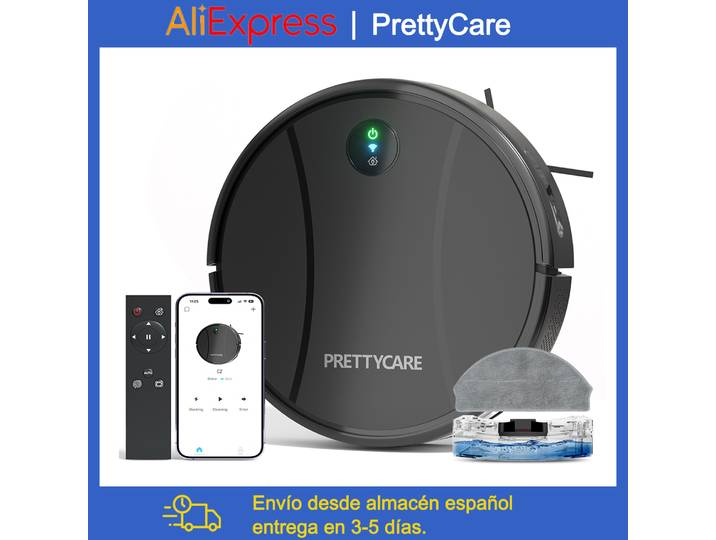 Aspirateur robot et serpillière PrettyCare C2, aspiration 5000 Pa, aspirateur robot avec fonction Auto Carpet Boost, Alexa/WiFi/App