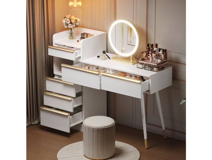 MEULVA Coiffeuse blanche 100 x 41 5 x 102 cm avec miroir LED dimmable plateau extensible et 6 tiroirs