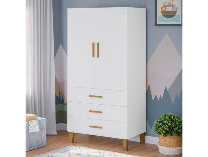 Bellabino Liri Kinderkleiderschrank 2-türig mit 3 Schubladen, Weiß/Natur Kleiderschrank Kinderzimmer, Babyzimmer Schrank für Mädchen & Jungen, 180x49x90 cm (HxTxB), Kinderzimmer Möbel mit Stauraum