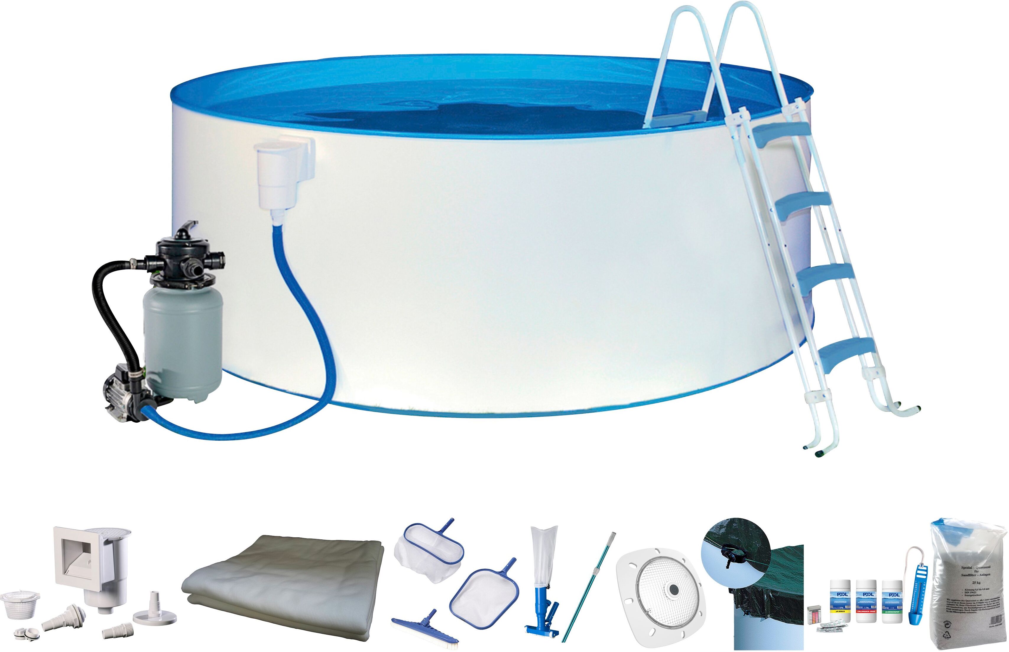 Rundpool MY POOL BWT "inkl. LED-Scheinwerfer zur effektvollen Beleuchtung", weiß, H:120cm Ø:350cm, Schwimmbecken, Rundpool, mit umfangreichem Zubehör in zwei Größen