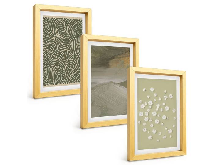 BILDER SET 3er Set - 20x30 cm Goldrahmen - Abstrakte florale Wellenmuster