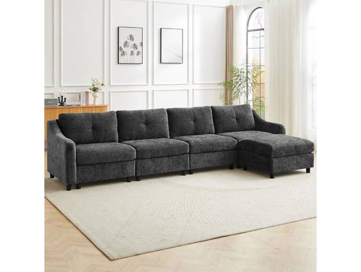 JIEXI Canapé d'angle convertible Canapé en velours côtelé canapé-lit 251 cm (Gris 4 sièges + 1 tabouret)