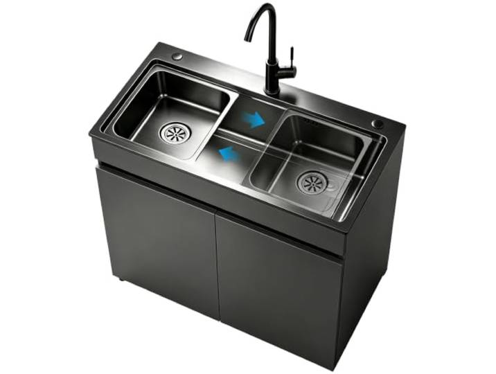 Gewerbespüle mit Unterschrank Dunkelgrau, 80cm Edelstahlspüle Langlebige Qualität für Werkstatt & Keller; Komplettset mit Armatur, Abwasserrohr, Überlauf und Ablage