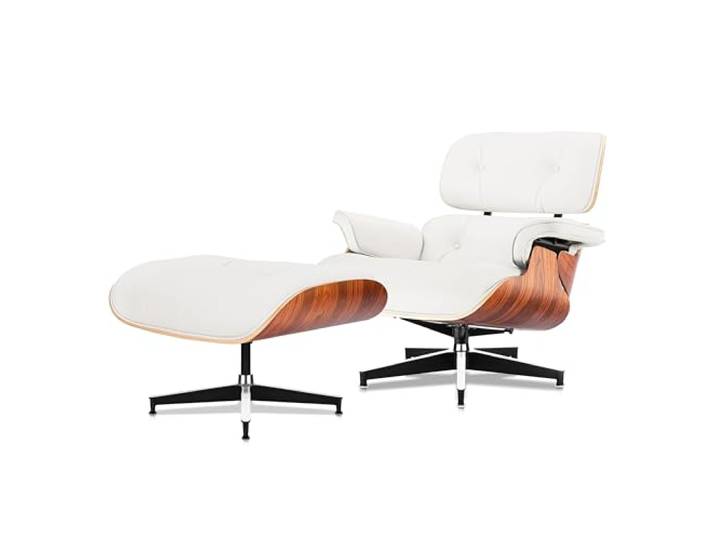 BIRCHFORM Echtleder Entspannungssessel mit Fußhocker & Ottomane Moderner Fernsehsessel Drehbar, Chaiselongue mit 105° Neigungswinkel & Gepolstertem Kissen für Wohnzimmer & Lounge