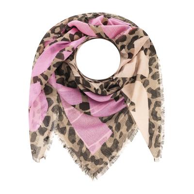 Modetuch ZWILLINGSHERZ "Fearless", Damen, beige, Baumwollmischung, Modetücher, Schriftzug, Leomuster All-Over, Fransenabschlüsse rundum
