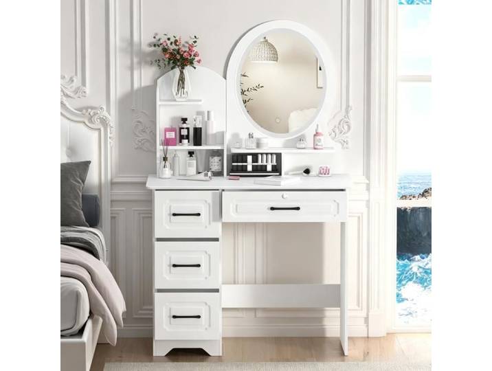 Coiffeuse - WILITTO - 4 Tiroirs et 3 étagères - Grand miroir et 3 options d'éclairage - 80x40x137cm - Blanc
