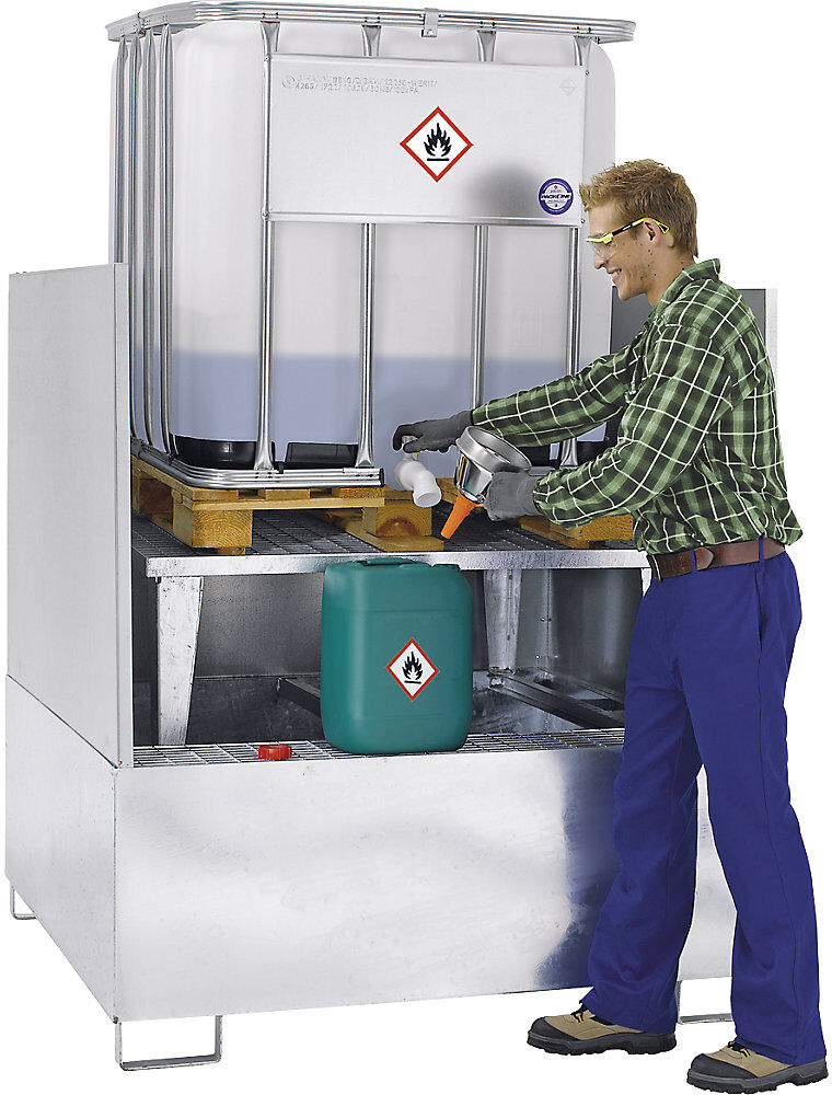 Stahl-Auffangwanne für Tankcontainer IBC / KTC, LxBxH 1460 x 1460 x 1090 mm, Auffangvolumen 1000 l, feuerverzinkt eurokraft pro