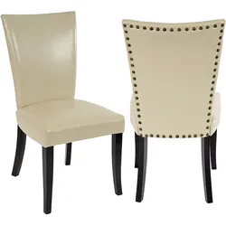 2er-Set Esszimmerstuhl Chesterfield, Stuhl Küchenstuhl, Nieten MVG-zertifiziert ~ Kunstleder, creme, dunkle Beine
