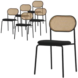 ML-Design Esszimmerstühle 6er Set Schwarz, Rattan-Rückenlehne, Polster, Metallbeine, Akzentstühle für Esszimmer/Küche