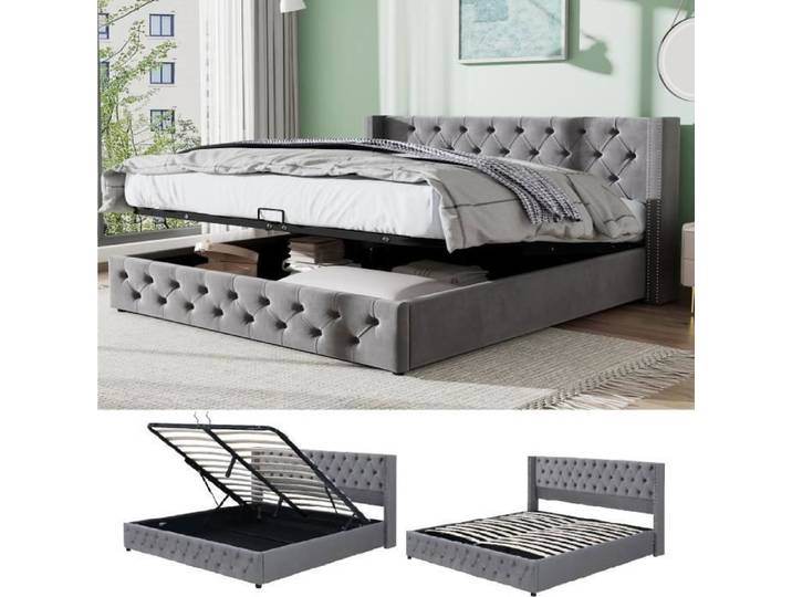 Lit coffre adulte 140x190cm - MERAX - Chesterfield - Flanelle grise - 2 places - Sommier à lattes