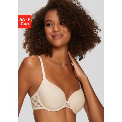 Schalen-BH LASCANA "BH mit Bügel, T-Shirt-BH mit Spitzenrücken", Damen, Gr. 95, Cup A, beige (puder), Microtouch, Obermaterial: 86% Polyamid (TACTEL), 14% Elasthan (LYCRA), BHs Schalen-BH, bequemer BH, große Größen, Dessous