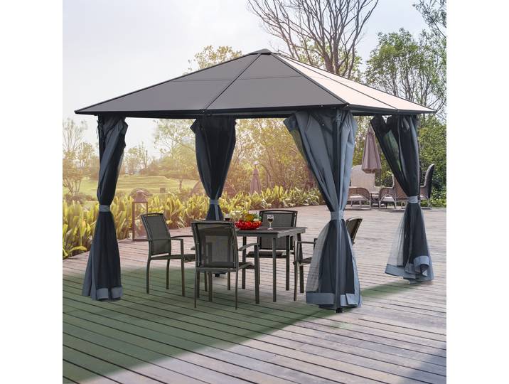 Outsunny Tonnelle de jardin avec toit rigide polycarbonate et rideaux moustiquaires 3 x 3 m gris foncé et noir