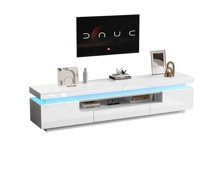 QQJIN TV Lowboard Stehend 175cm Für 75 Zoll, Fernsehschrank Weiß Hochglanz Mit LED App-Steuerung – Tv Schrank Holzoptik mit 2 L-förmigen Schränken,S