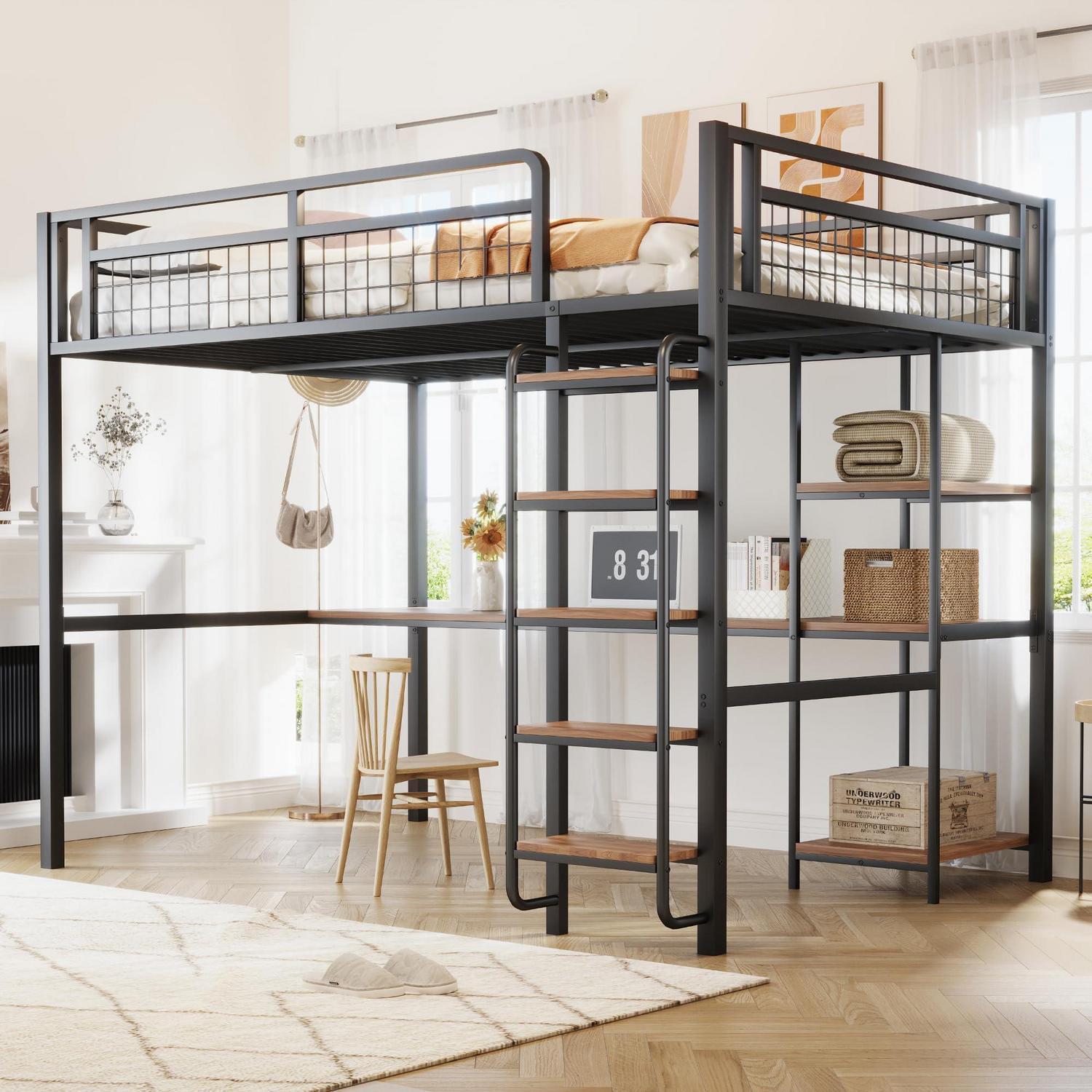 Kinderbett Hochbett Metall 140x200 cm Schwarz mit Tisch, Stauraum, Regal, Leiter und Rausfallschutz