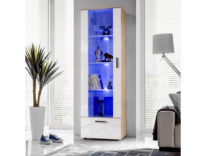 Komodee Vitrine Alessandria A1 Wotan/Weiß 60x192x42 cm Vitrine Alessandria, Wotan/Weiß, Breite 60cm x Höhe 192cm x Tiefe 42cm, LED Blau , 3 Glasböden, für Wohnzimmer