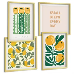 BILDER SET 4er Set - 50x50 cm & 40x60 cm Goldrahmen - Pflanzenmuster mit Blumen