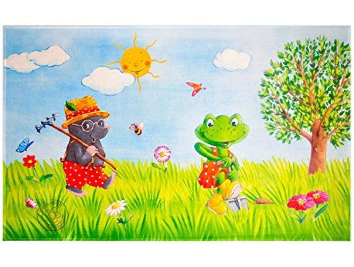 Spiegelburg Garden Oskar der Frosch - Kinderteppich 140x200 cm Farbe Grün, Öko-Tex zertifiziert für Kinderzimmer und Babyzimmer, freundliche Bildmotive