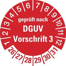 Prüfplakette ab 26, geprüft nach DGUV Vorschrift 3, rot/weiß - Spenderbox à 500 Stück - 30 mm Folie selbstklebend