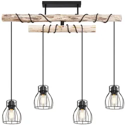 LED Hängeleuchte Holzbalken Holzleuchte 4 Flammig Esszimmerlampe Pendelleuchte Höhenverstellbar, Metall schwarz, 4x 7W 630Lm warmweiß, LxBxH 90x14x100 cm