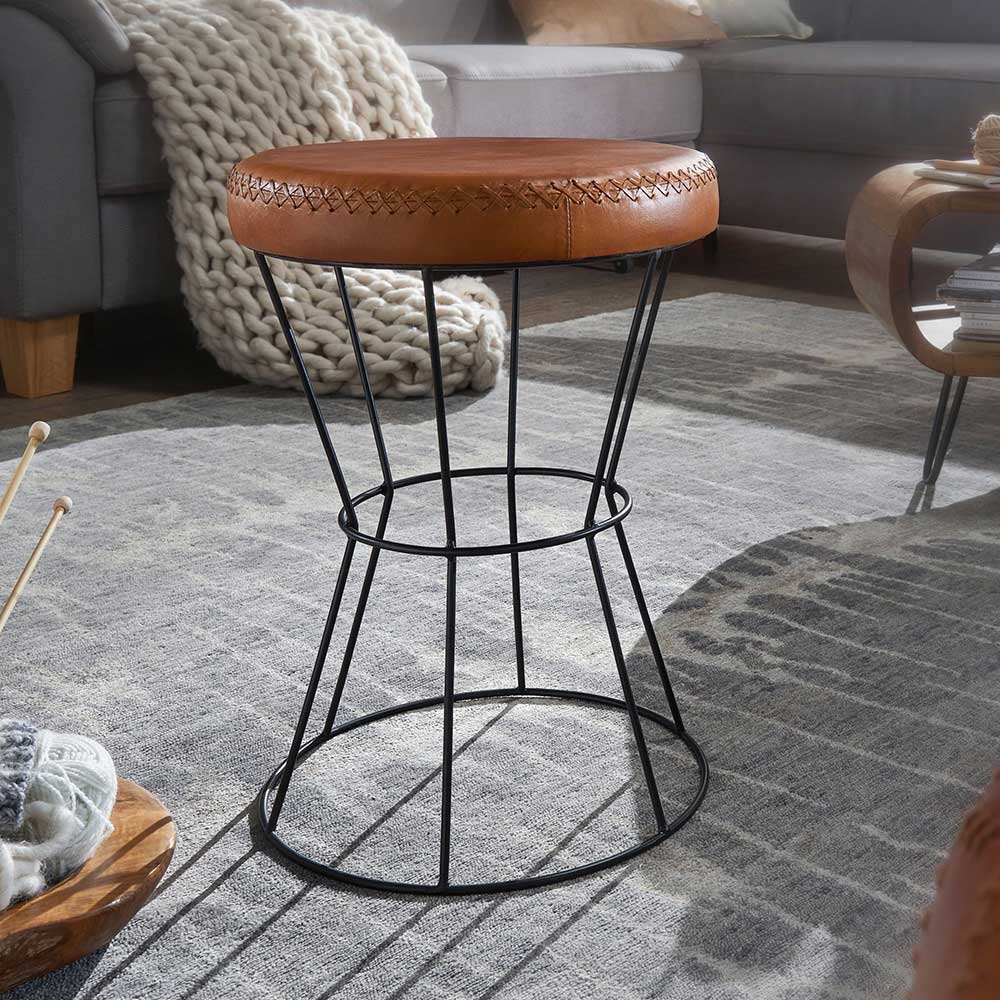 Pharao24.de Leder Sitzhocker in Cognac Braun rund