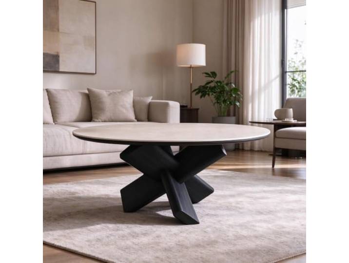 Runder Couchtisch in Travertinoptik mit gekreuzten Massivholzbeinen Verstärkte Sintersteinplatte, gekreuzte Holzbeine, schlichtes Design für Wohnzimmer und Teebereich
