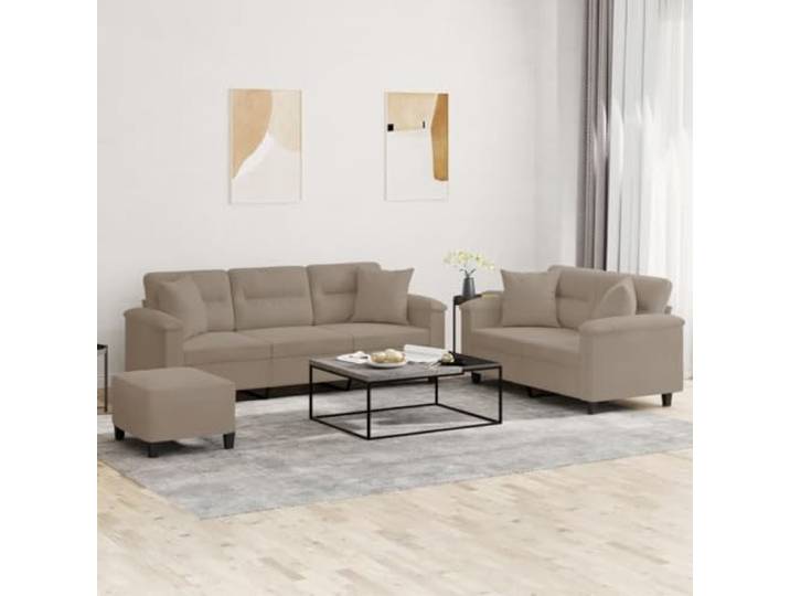 HEFZGDB 3-TLG. Sofagarnitur mit Kissen Taupe Mikrofasergewebe Langlebiges Polstermöbel Bequemes Wohnzimmer Set Robustes Gestell Sitzgruppe Relax Sessel