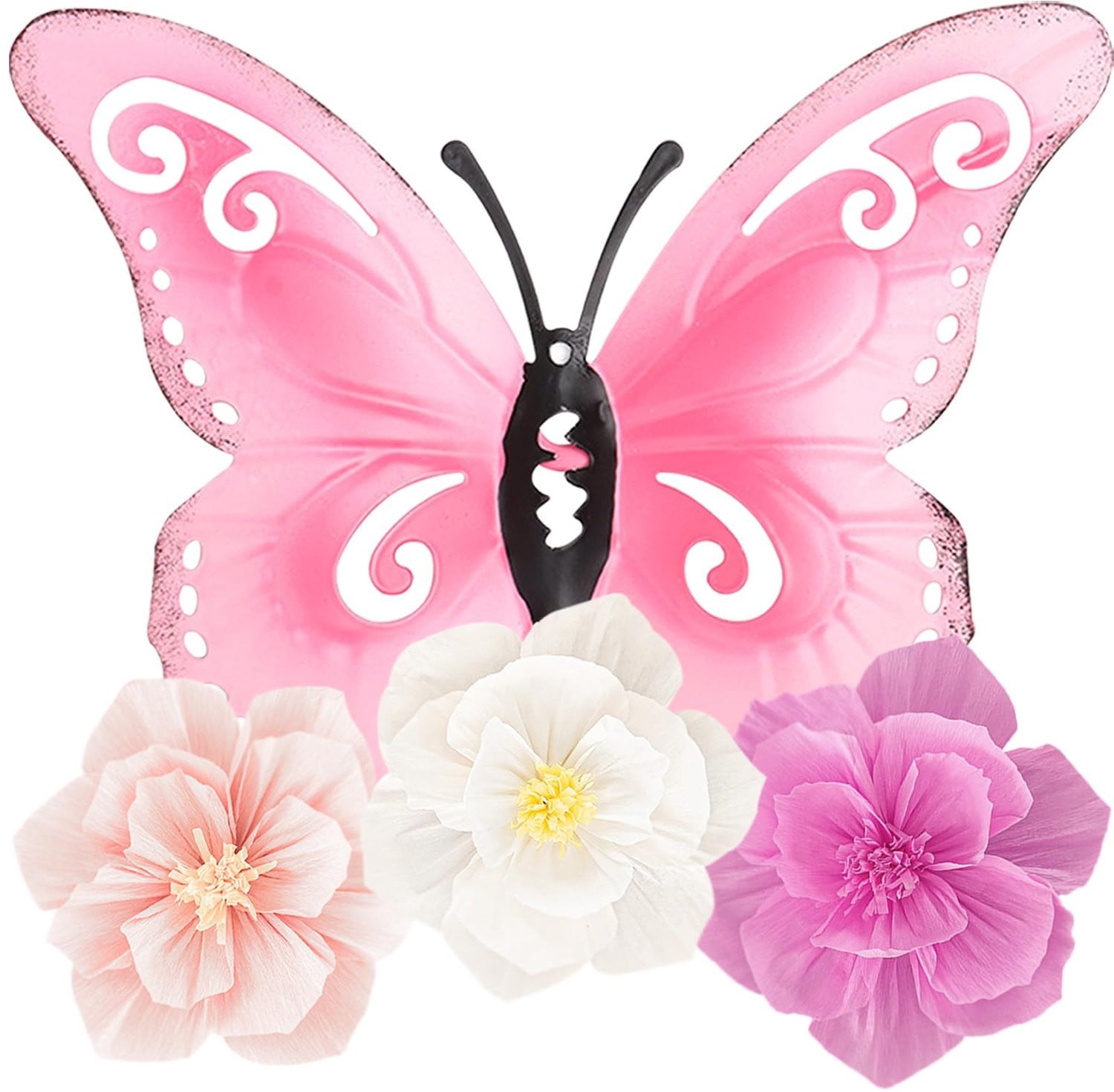 Metalen Vlinder Wanddecoratie met 3 Papieren Bloemen voor Huis en Tuin