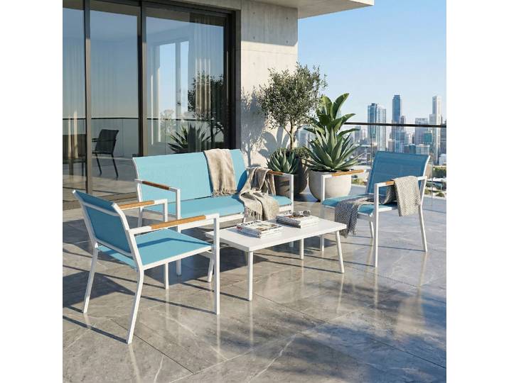 Outsunny Salon Jardin 4 Places Métal Bleu Canapé Fauteuils Table
