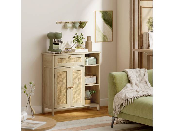 HOMCOM Buffet Bois Naturel Rotin 2 Portes Tiroir 75x30x79,5cm