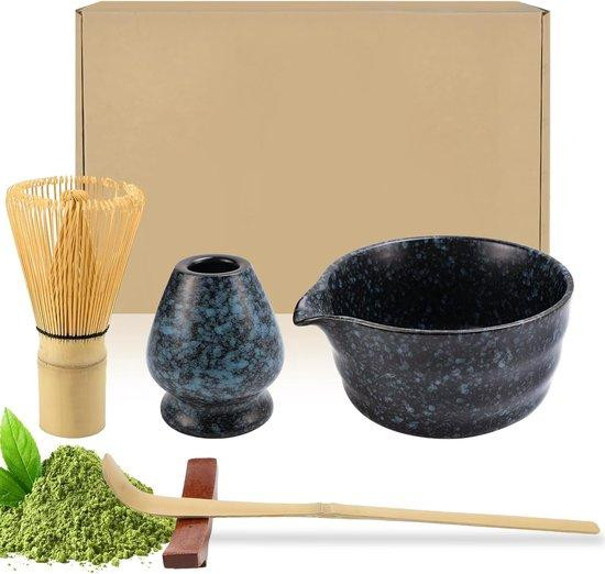 5-delige keramische Matcha-set met bamboe accessoires, zwart, ronde matcha-kom met uitloop, matcha-kwast, matcha-lepel en matcha-zeef