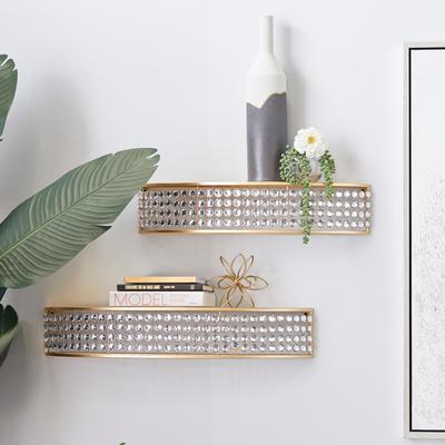 ARCILLA ELEMENTAL Gold Metal Half-Moon Wall Shelf with Crystal Embellishments (Set of 2)