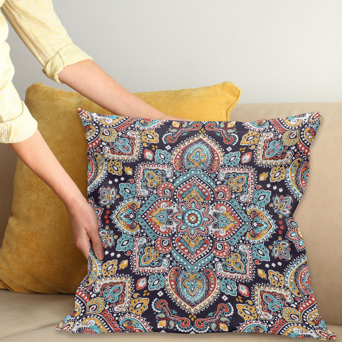 ABAKUHAUS Etnisch Sierkussenhoes met Boheems Vintage Motief, Marineblauw Teal, 70 x 70 cm