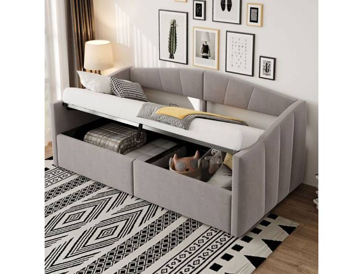 Canapé‑lit - SOGEU - Canapé‑lit capitonné - Ouverture hydraulique - Velours rayé - Sommier à lattes 90x200