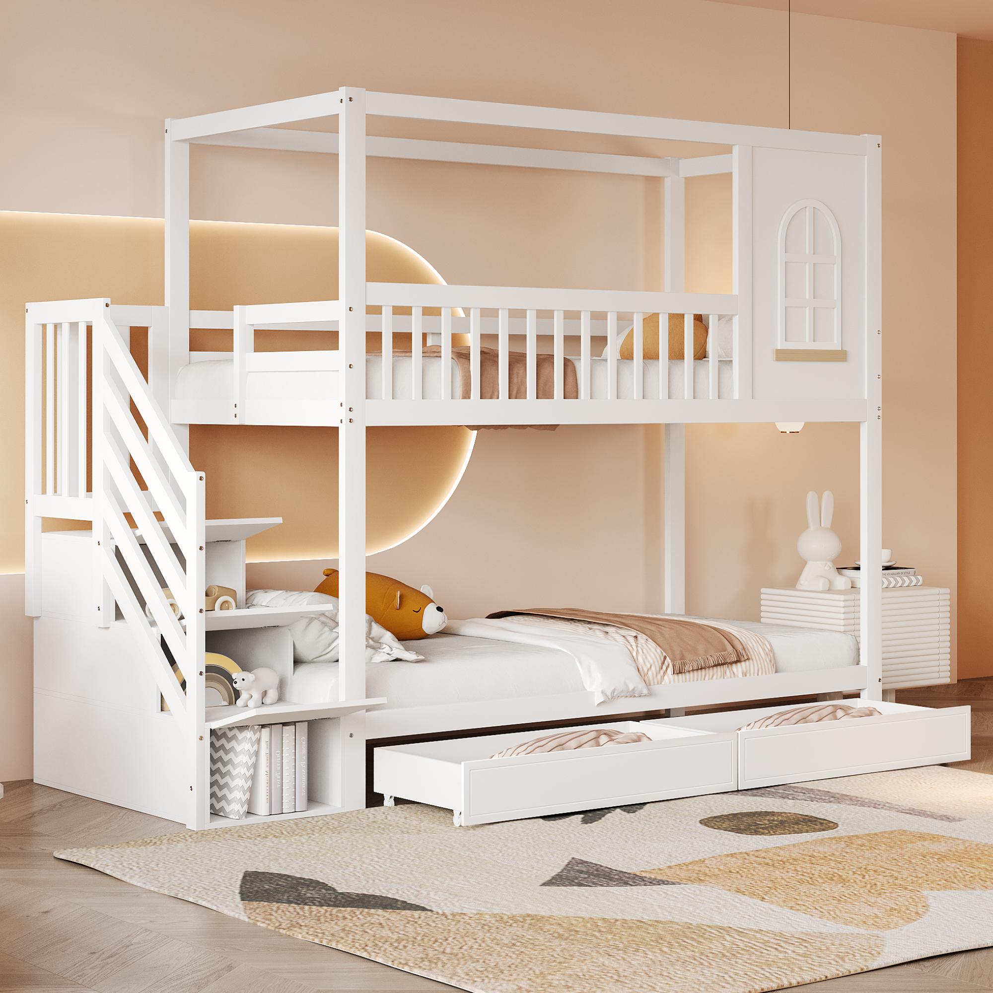 MODFU Etagenbett Kinderbett 90x200cm mit Aufbewahrungsschubladen und Sicherheitsleiter, Sicherheitszaun-Design, Massivholzbett Jugendbett Bettgestell, Weiß