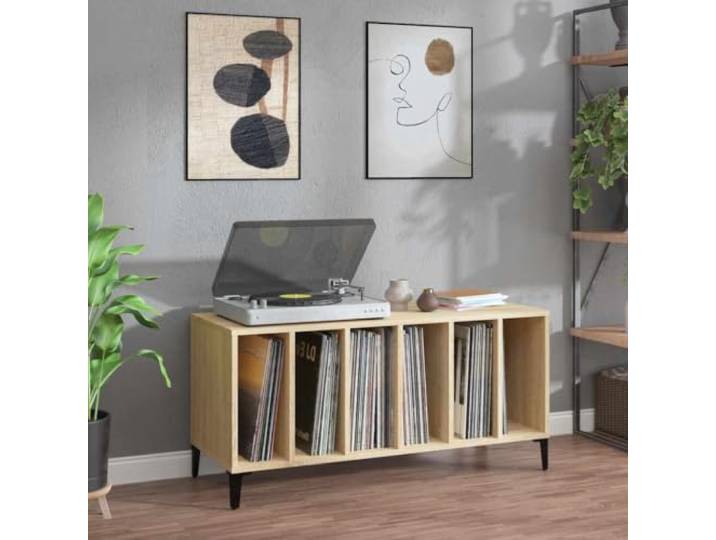 smnyxs Scheibenschrank, Sonoma-Eiche, 100 x 38 x 48 cm, Holz Plattenspieler-Schrank, LP-Aufbewahrung, TV-Schrank, Seitenschrank, Schreibtischablage, Metallbeine, Industriestil