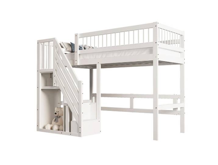 Modenvie Hochbett 90/200 cm aus Massivholz mit Aufbewahrungstreppe Weiß, Holz, 90x200 cm, Babymöbel & Kindermöbel, Kinderzimmer & Jugendzimmer, Kinderbetten, Hochbetten