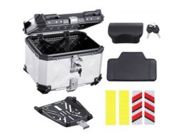 VEVOR Motorrad-Topcase Motorradkoffer 45 L Heckbox aus Aluminiumlegierung mit Lederfutter, abnehmbare Motorrad-Topbox mit Schloss & Rückenpolster, Helmkoffer (435 x 378 x 348 mm) Silber
