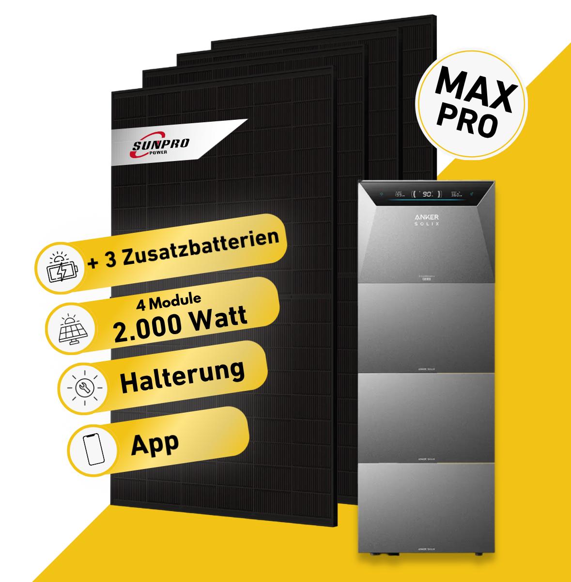 Balkonstrom Balkonkraftwerk 2000W Solaranlage mit Speicher | 3xZusatzspeicher | 4xSolarmodul Bifazial | Anker Solix 4 Pro | Kabel 15m