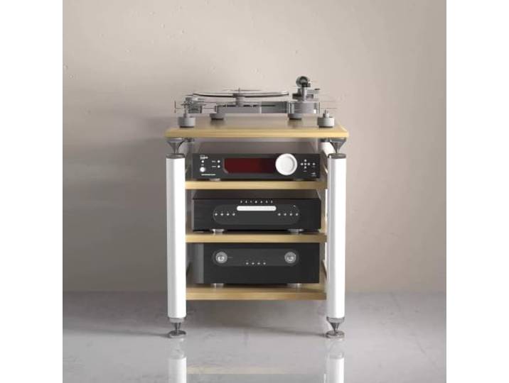 Modulares HIFI‑Audio‑Rack – Verstellbare Ablagen, Plattenspielerständer Mehrstöckiges Audio‑Regal, vielfältige Farben, schwingungsdämpfendes Design(White+Natural Wood,3‑Tier)