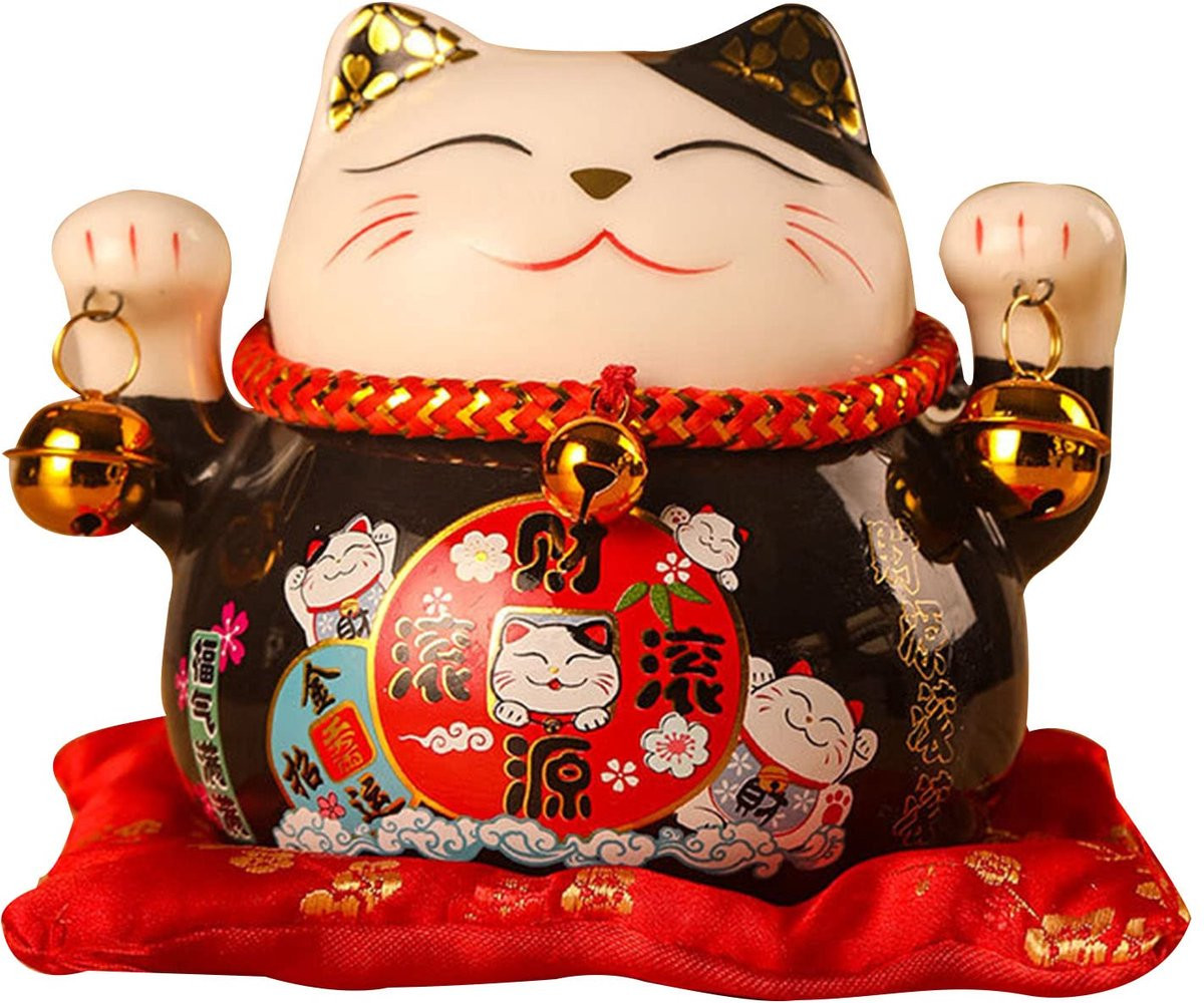 Keramische Spaarpot Maneki Neko Gelukskat Feng Shui - Zwart - Hoogte: 11.5 cm