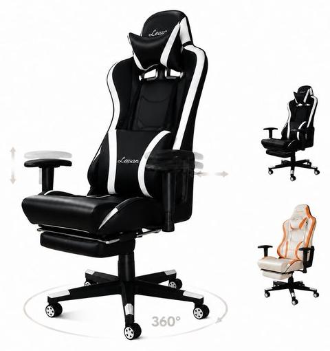 Ergonomischer Gaming-Stuhl mit Lendenwirbelstütze, Kopfstütze, verstellbarer Bürostuhl mit Fußstütze, 360° schwenkbarer Computerstuhl für Zuhause und Büro