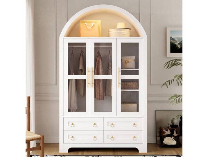 Armoire Chambre avec LED 110x50x186 cm Armoire Penderie à 3 Portes Vitrées et 4 Tiroirs tringle à vêtements Design Arqué Blanc